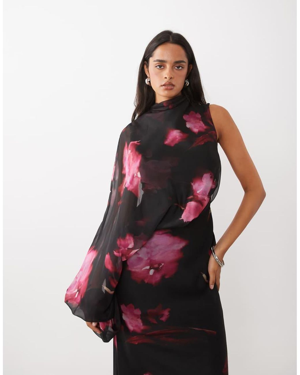 ASOS Multicolor One Sleeve Blouson Overlay Bias Cut Maxi Dress