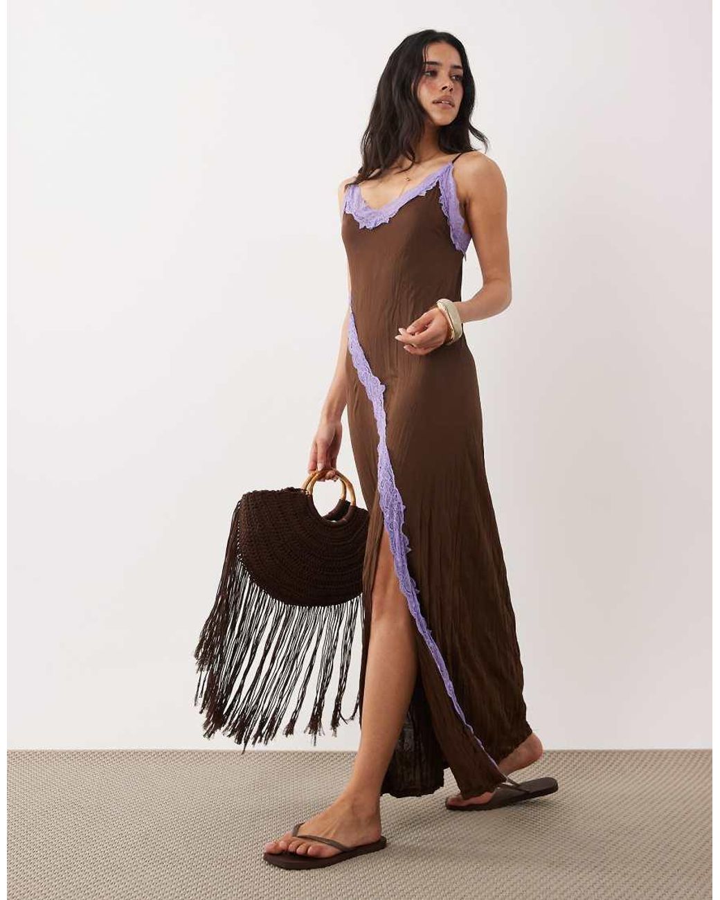 ASOS Multicolor Crinkle Contrast Lace Semi Sheer Maxi Dress