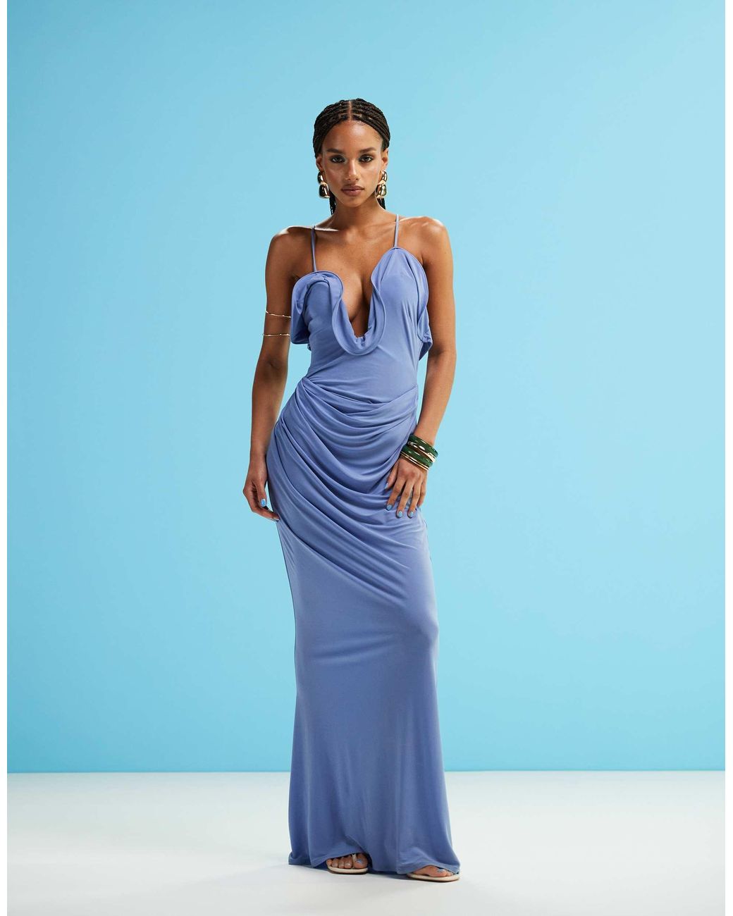 ASOS Curved Wire Trim Asymmetric Neck Maxi Dress in Blue | Lyst
