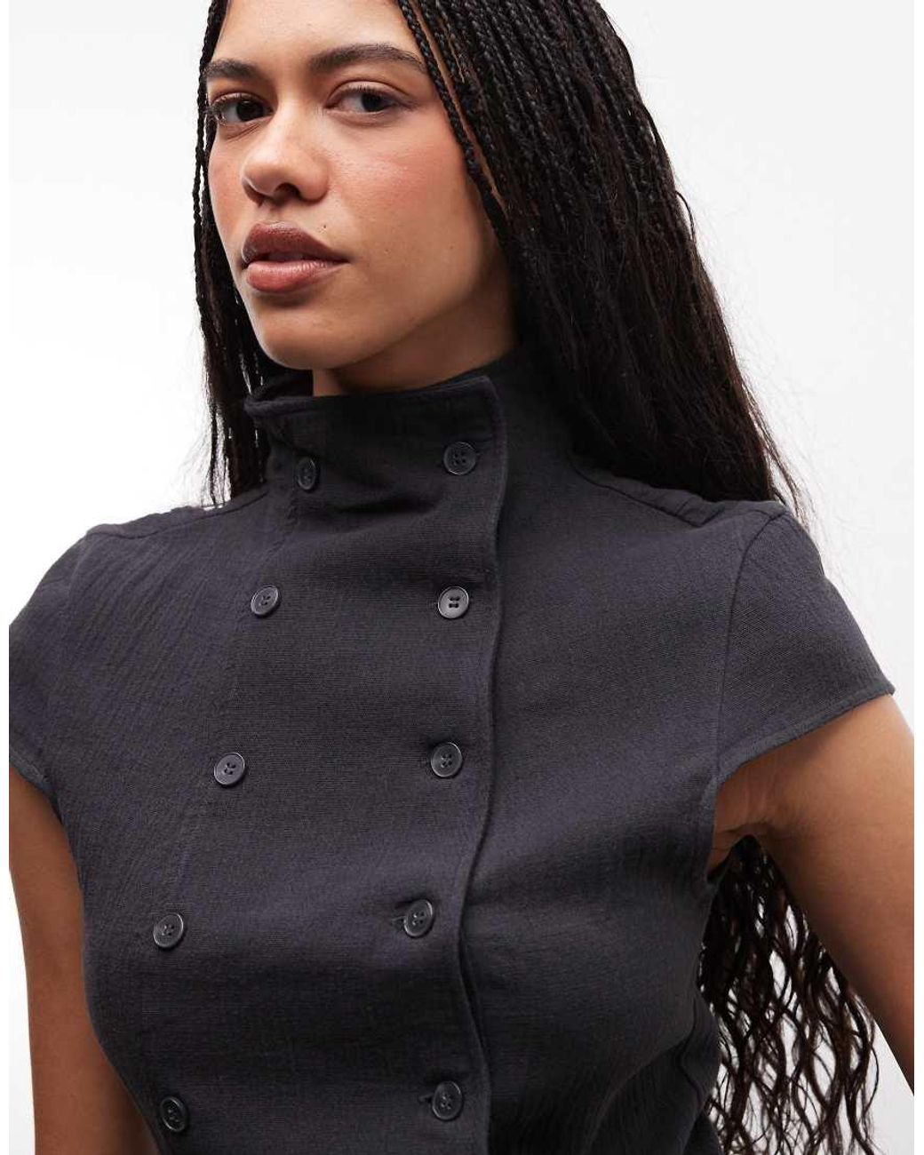 Weekday Blue High Neck Crinkle Double Button Up Top