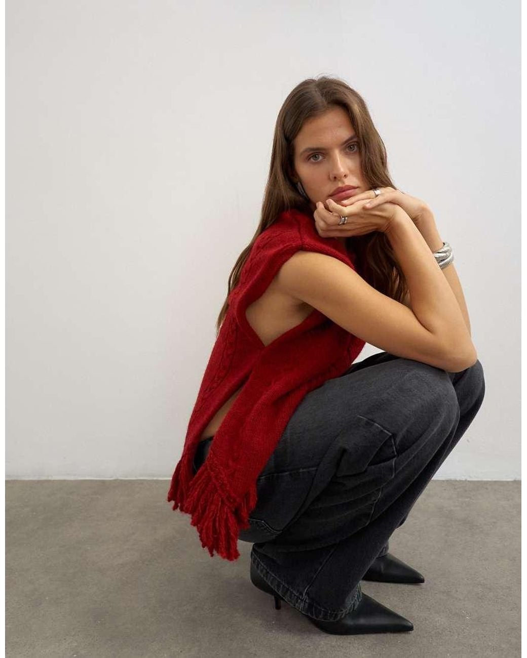 TOPSHOP Red Knitted Fringe Poncho