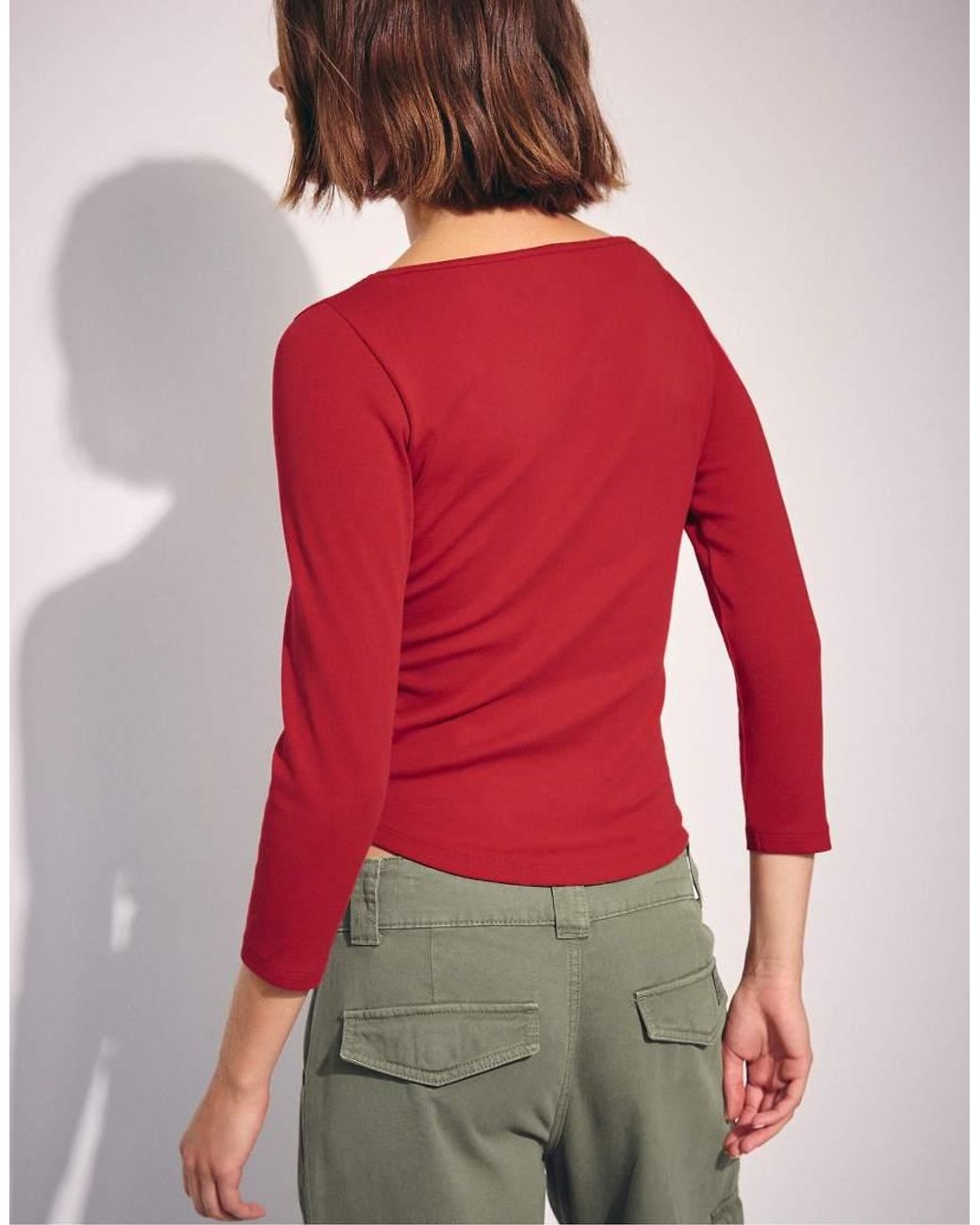 Stradivarius Red Boat Neck 3/4 Sleeve T-shirt