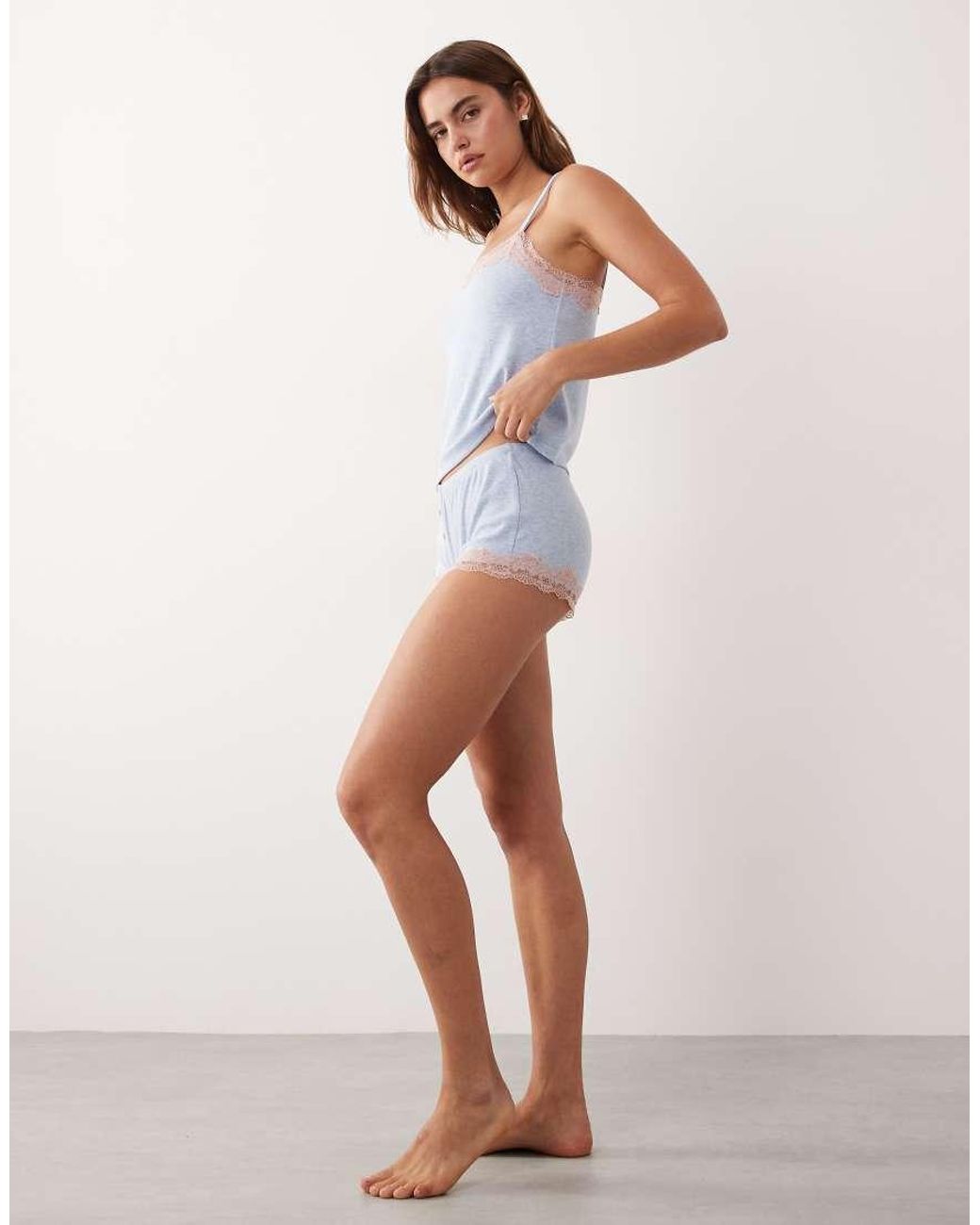 ASOS White Rib Cami And Cheeky Shorts Nightwear Set With Lace Trim