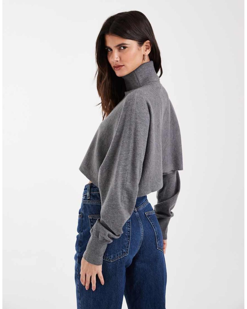 ASOS Gray Funnel Neck Batwing Super Crop Jumper