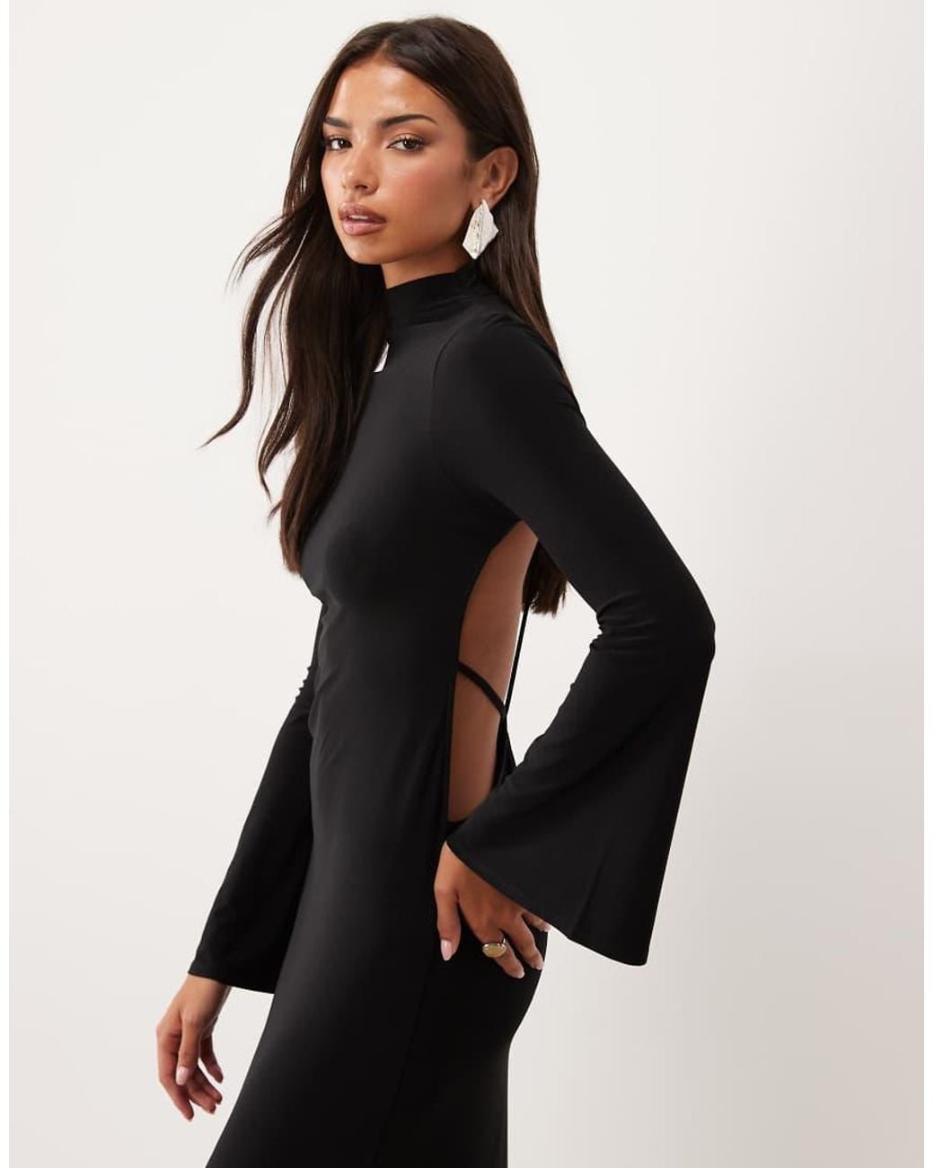 ASOS Black Slinky High Neck Maxi Dress With Flute Sleeve And Draped Open Back Strappy Detail