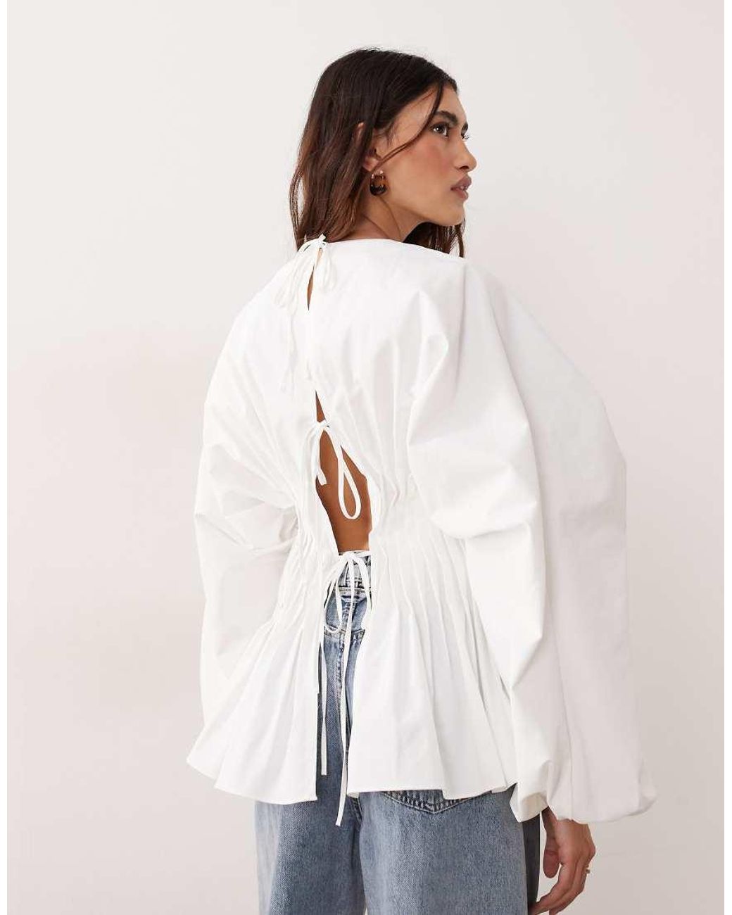 ARRANGE White Volume Sleeve Pleated Cinched Waist Top