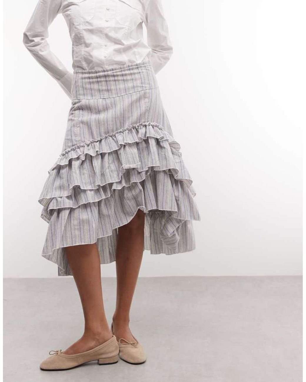Daisy Street White Low Rise Midi Skirt With Ruffle Detailing