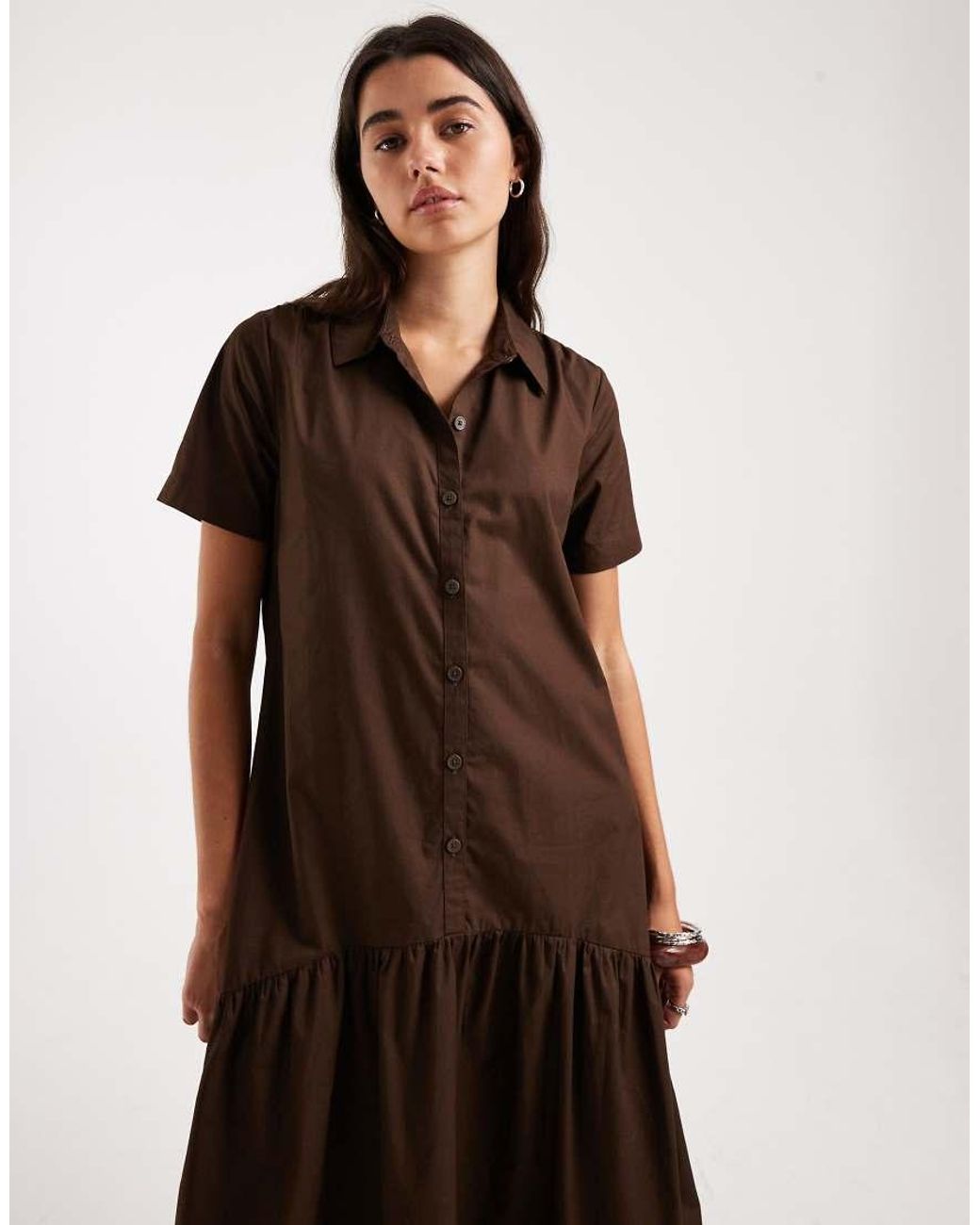 Threadbare Brown Poplin Tiered Midi Shirt Dress