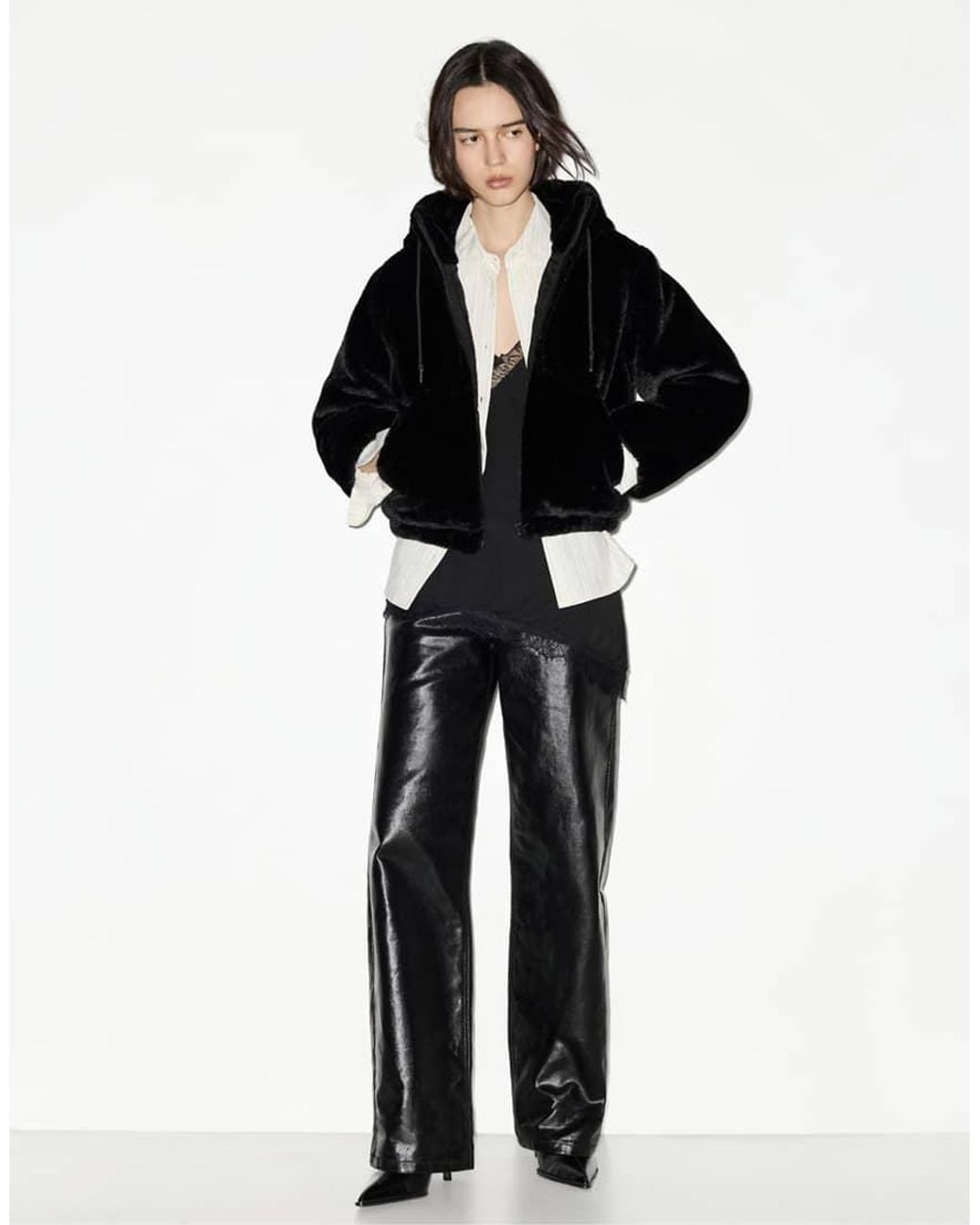 Pull&Bear Black Faux Fur Hooded Jacket