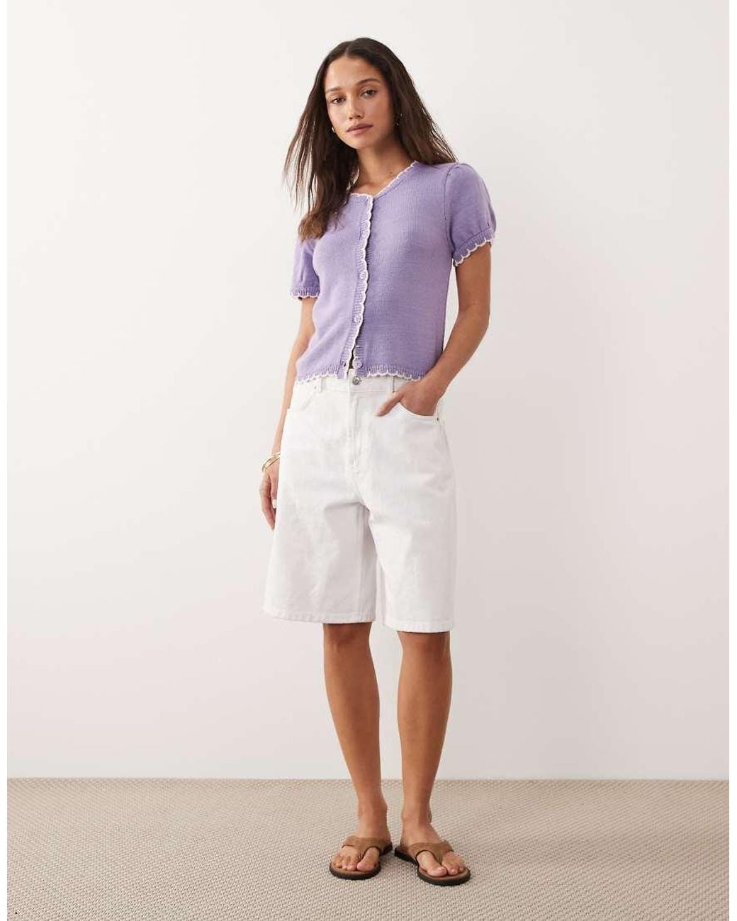 Miss Selfridge Purple Puff Sleeve Blanket Stitch Cardigan
