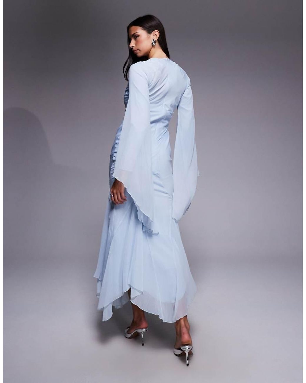 ASOS Blue Extreme Ruffle Sleeve Maxi Dress With Godet Insert Skirt