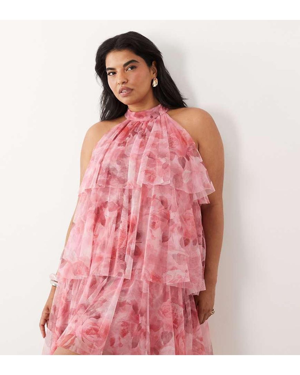 Lace & Beads Plus Pink Tulle High Neck Layered Mini Dress