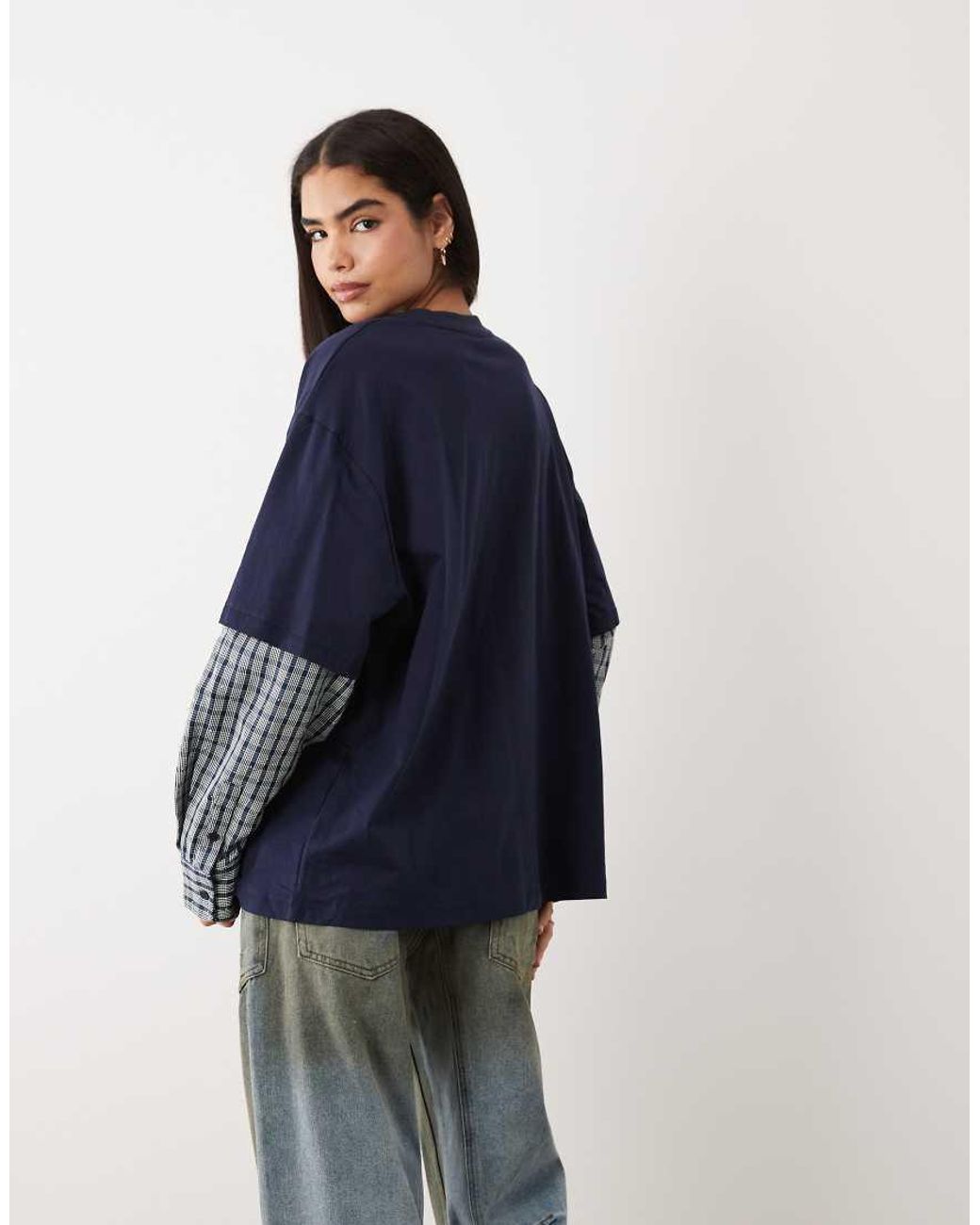 Lioness Blue 2 In 1 Oversized T-shirt Overlay And Check Diamante Long Sleeve Shirt In Check