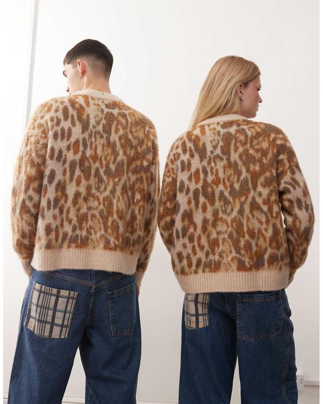 Reclaimed Vintage Blue Unisex Boxy Crew Neck Leopard Print Sweater