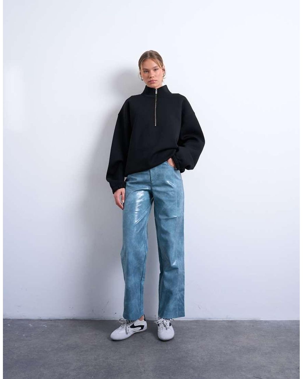 TOPSHOP Blue Faux Leather High Shine Scoop Pocket Wide Leg Trouser