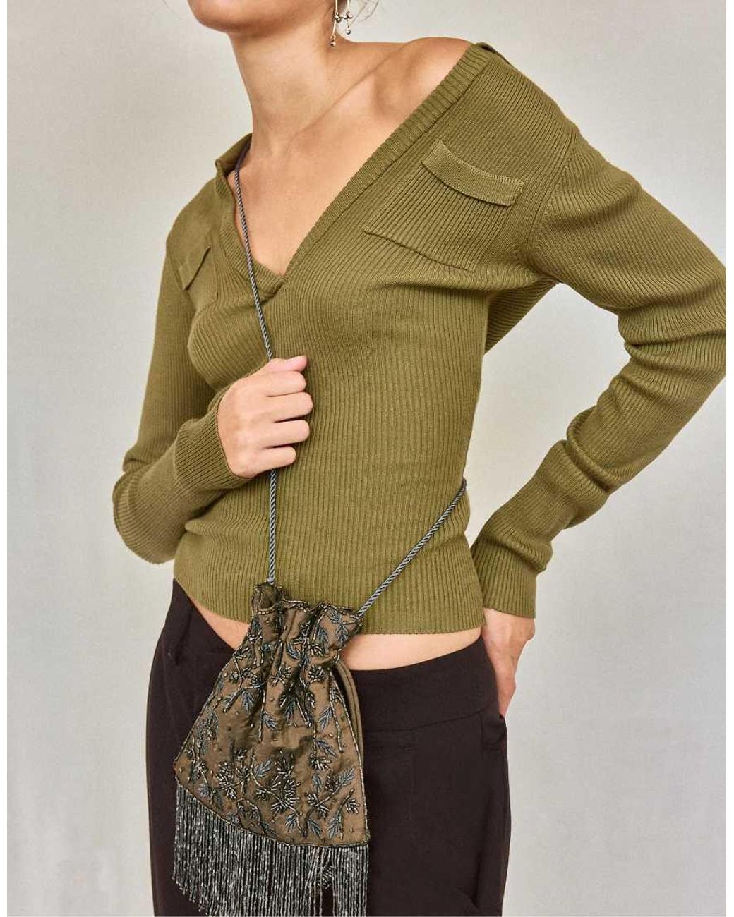 Stradivarius Natural Beaded Fringed Crossbody Bag