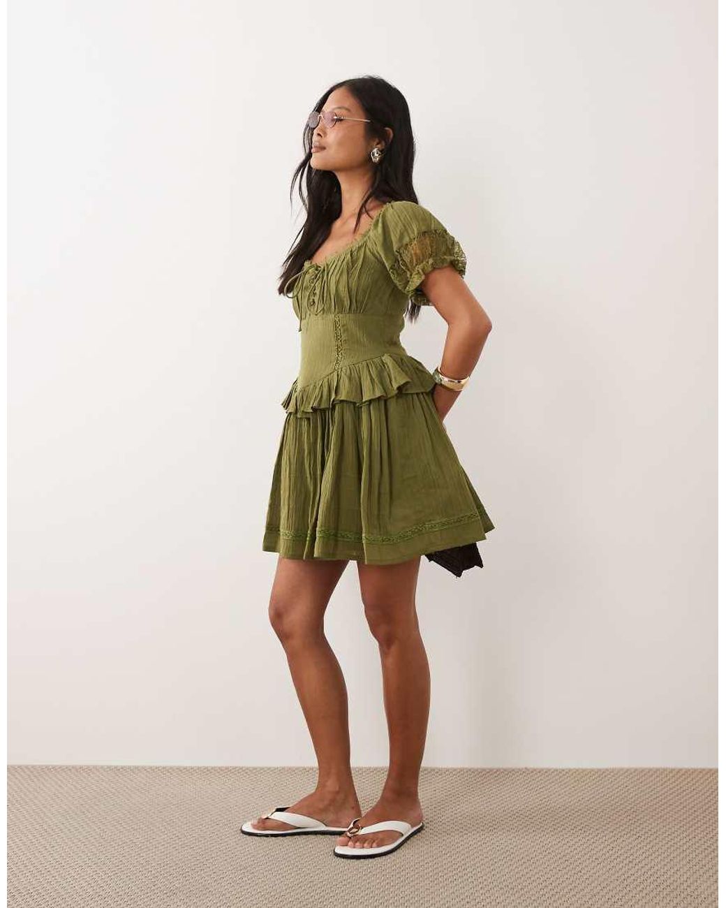 Miss Selfridge Green Cheesecloth Lace Detail Milkmaid Dress