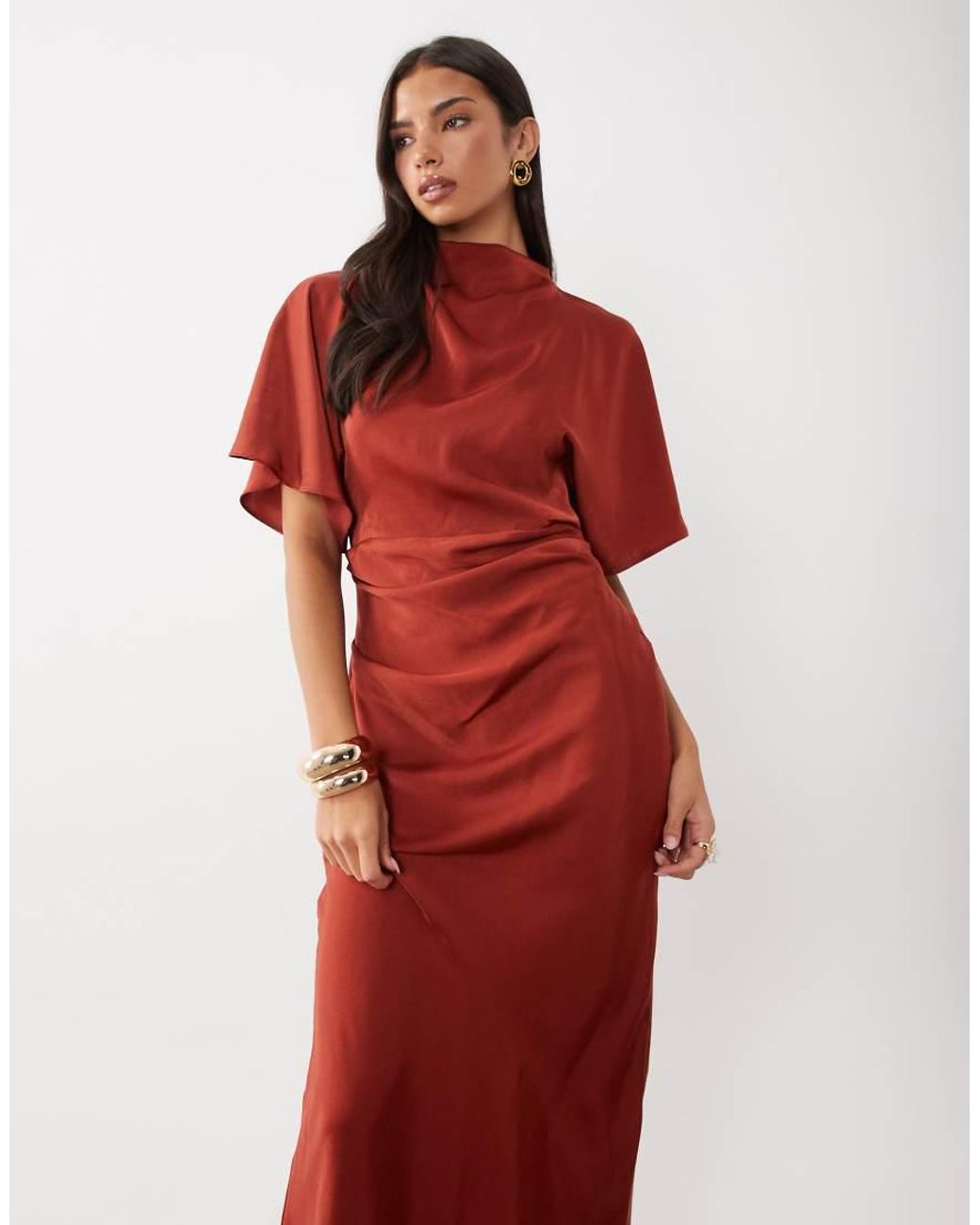 ASOS Red Satin High Neck Blouson Maxi Dress With Flutter Sleeve