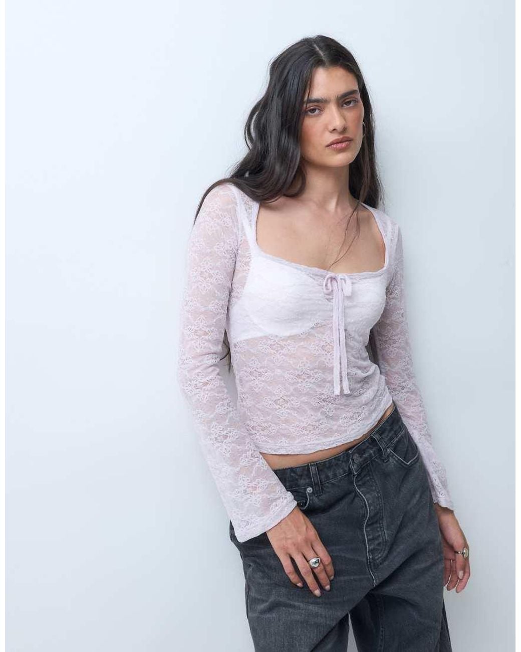 Monki Purple Lace Square Neck Long Sleeve Top