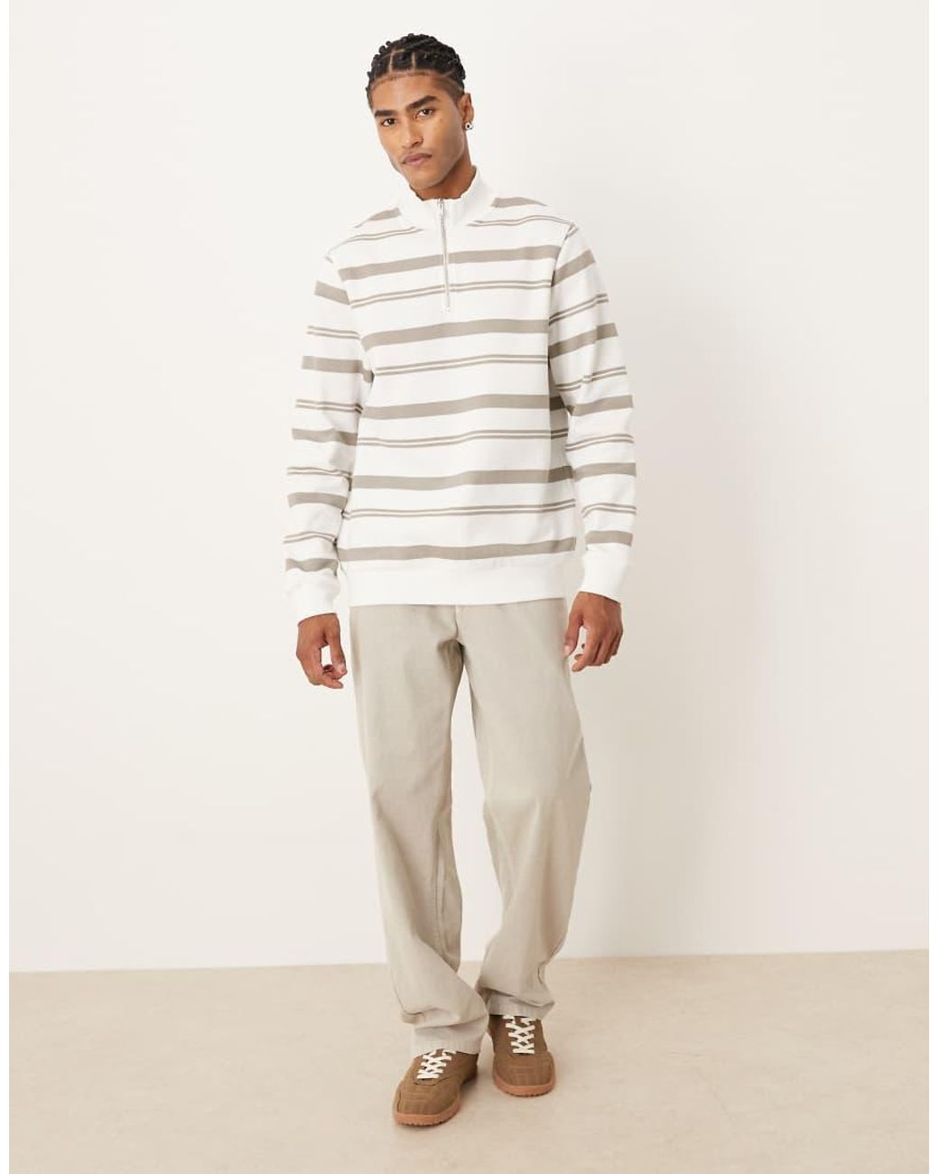 ASOS Natural Quarter Zip Sweatshirt With Stripes for men