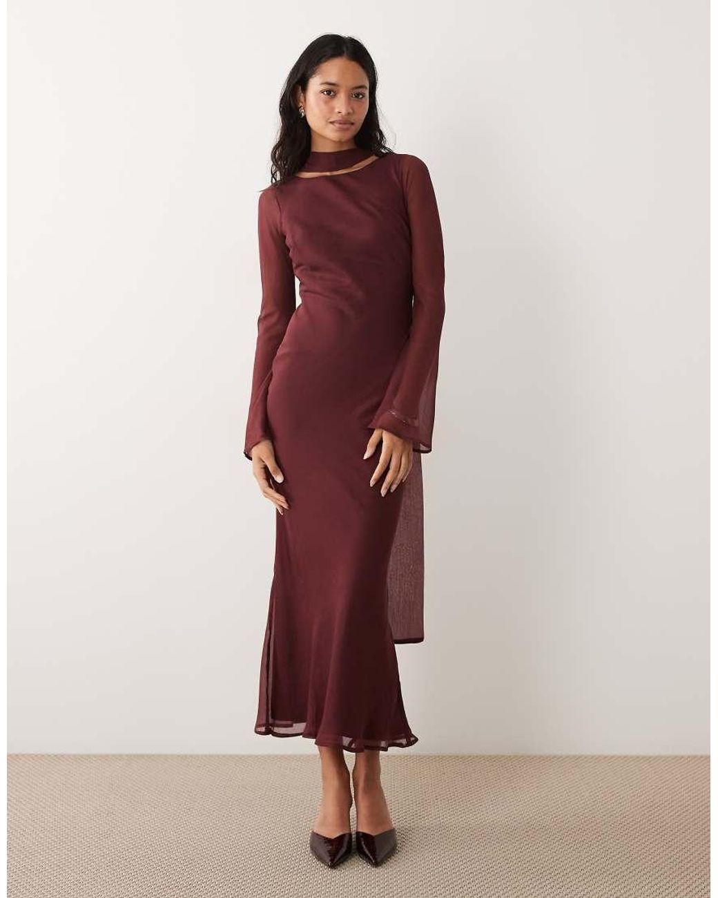 ASOS Red Chiffon Bias Cut Maxi Dress With Matching Scarf