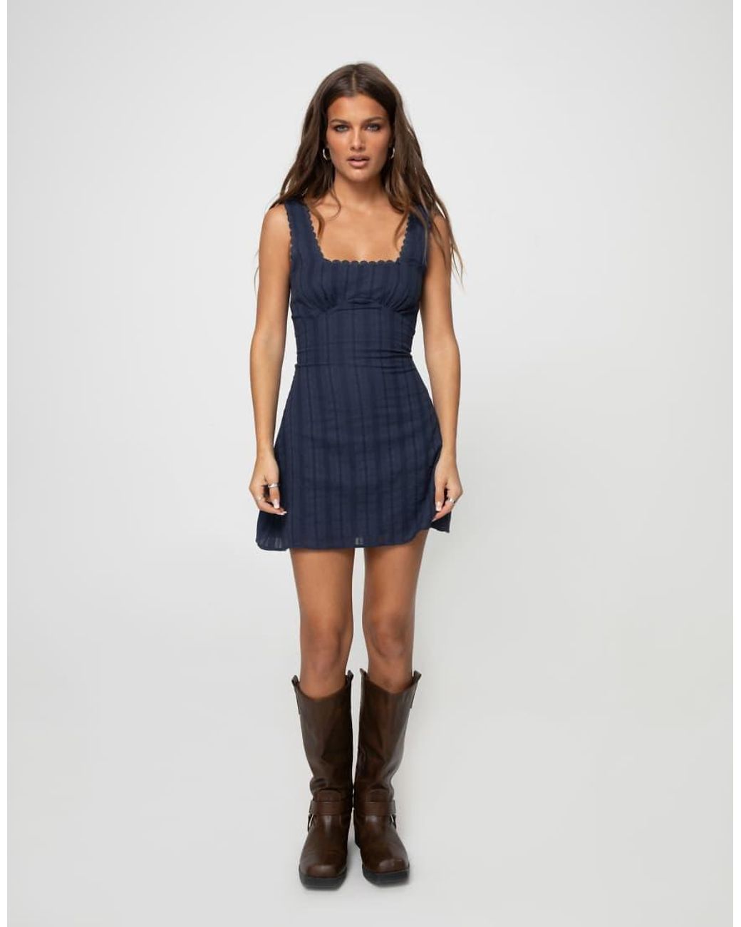 Princess Polly Blue Marcelline Cotton Embroidered Scallop Trim Square Neck Mini Dress