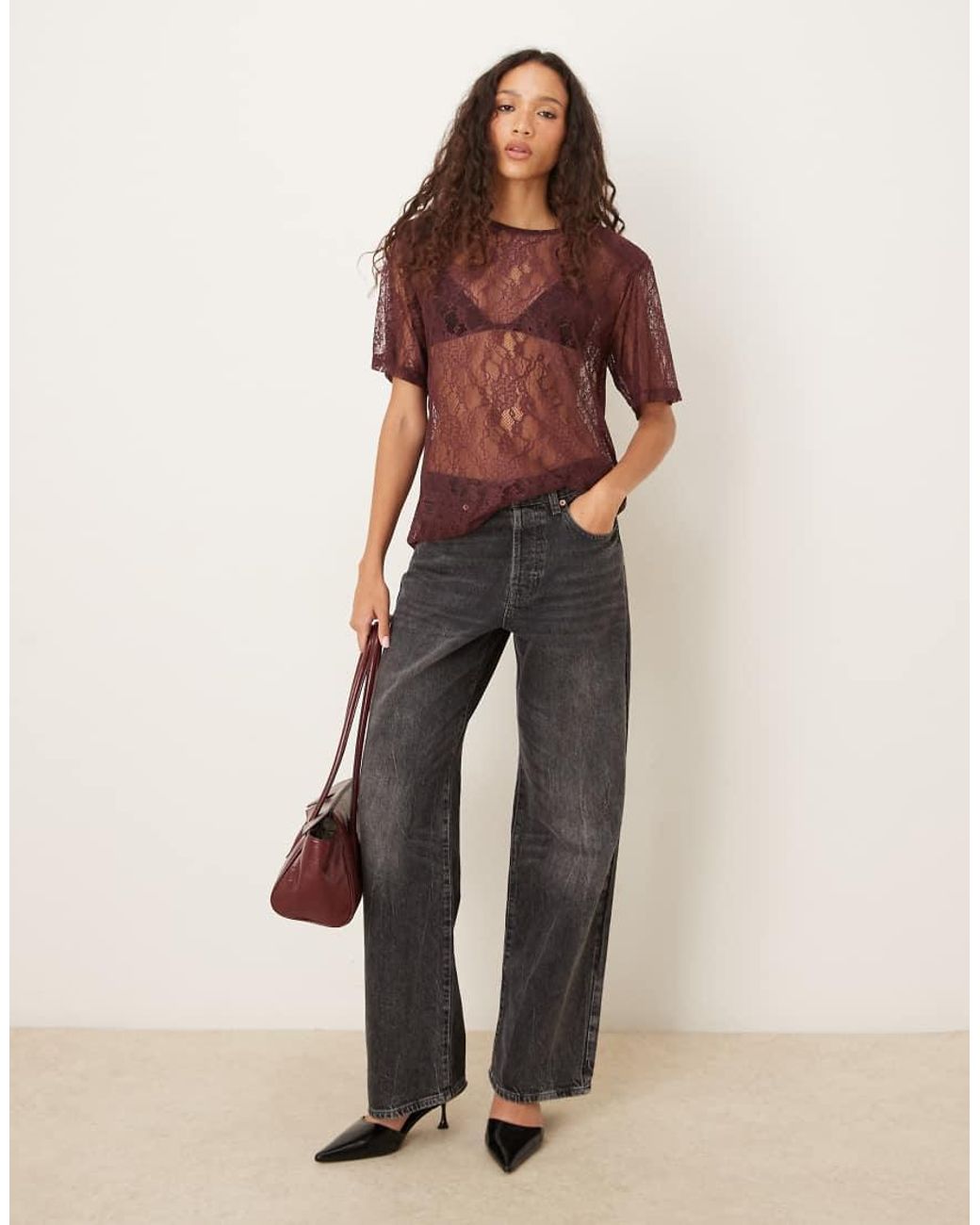 ASOS Red Lace Boxy Sheer Tee With Shoulder Pads
