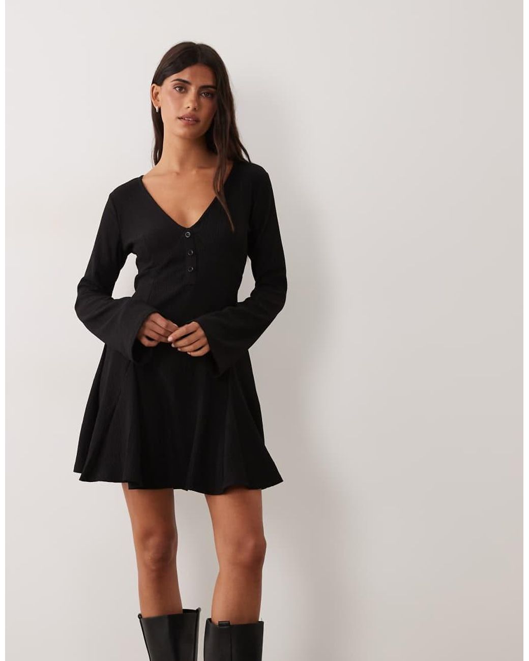 New Look Black Crinkle Flared Sleeve Button Mini Dress