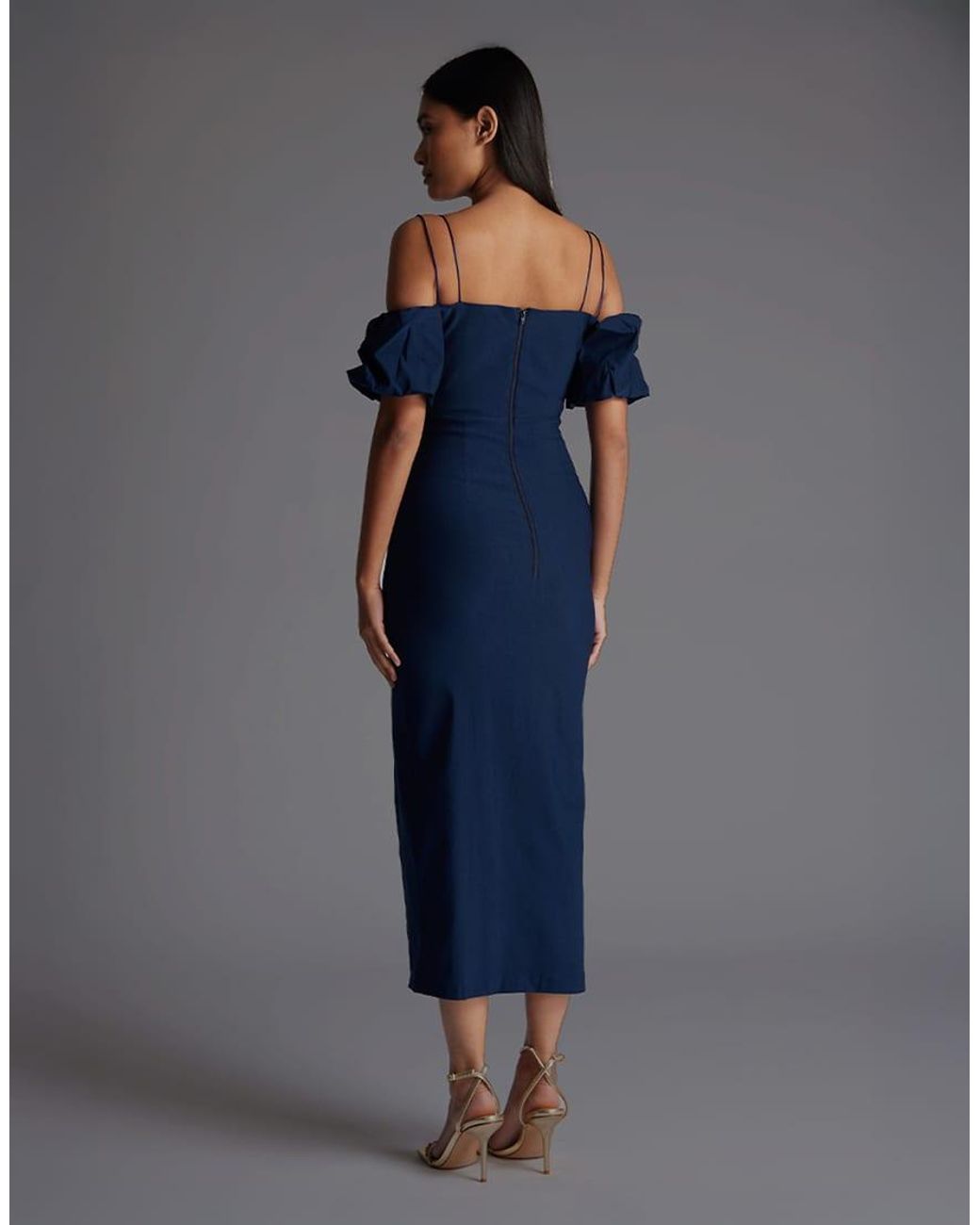 Vesper Blue Bardot Ruched Midaxi Dress With Short Sleeve