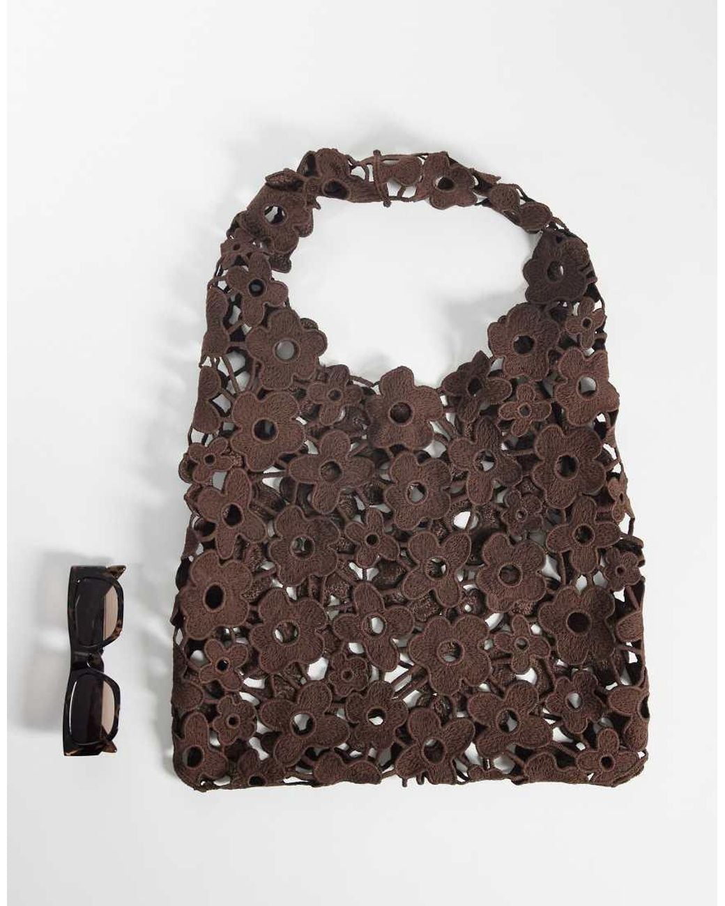 Pieces Brown Floral Lace Slouchy Bag