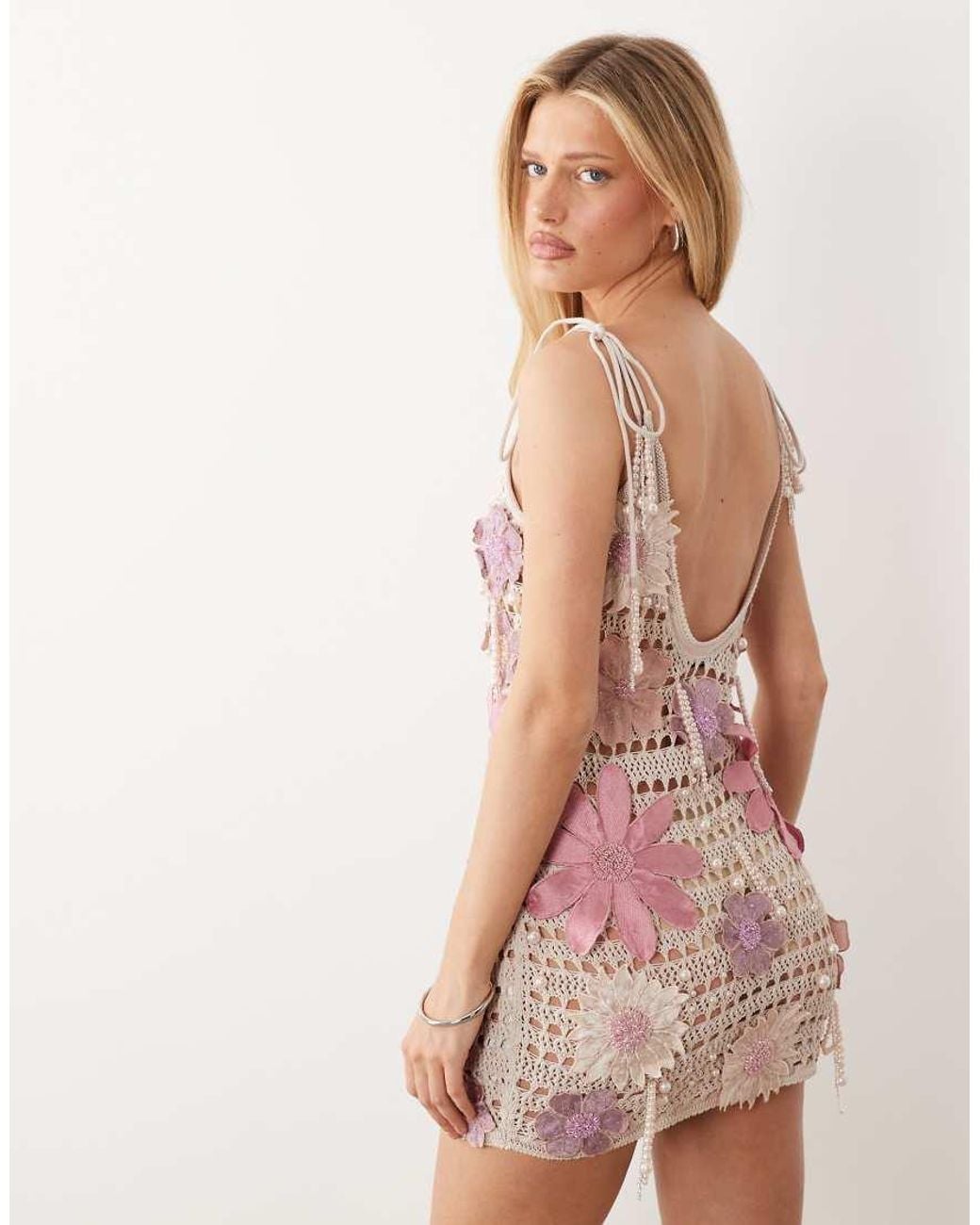 ASOS Pink Crochet Cami Mini Dress With Floral Embellishment