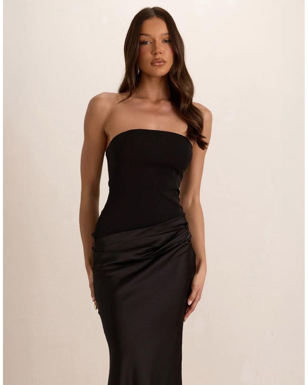 Missy Empire Black Woven Corset Top Pleated Satin Maxi Dress