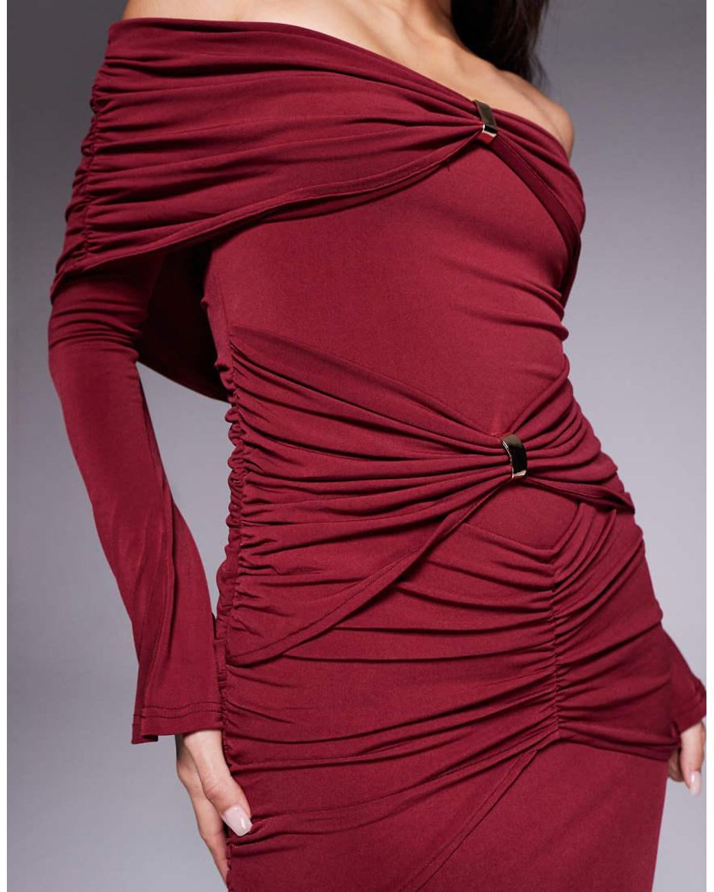 Ruched & Ready Red Sculpted Off Shoulder Gold Hardware Ruched Detail Bodycon Maxi Dress
