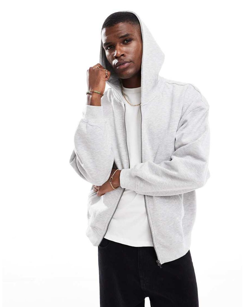Only & Sons White Oversized Zip Thru Hoodie for men
