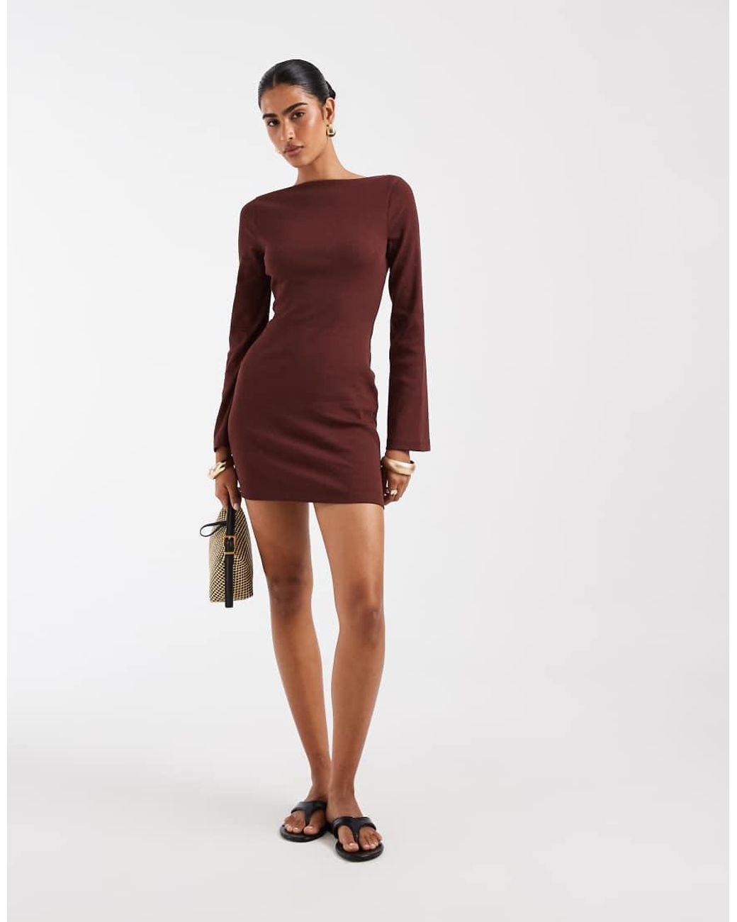 ASOS Brown Cotton Rich Ribbed Scoop Back Mini Dress