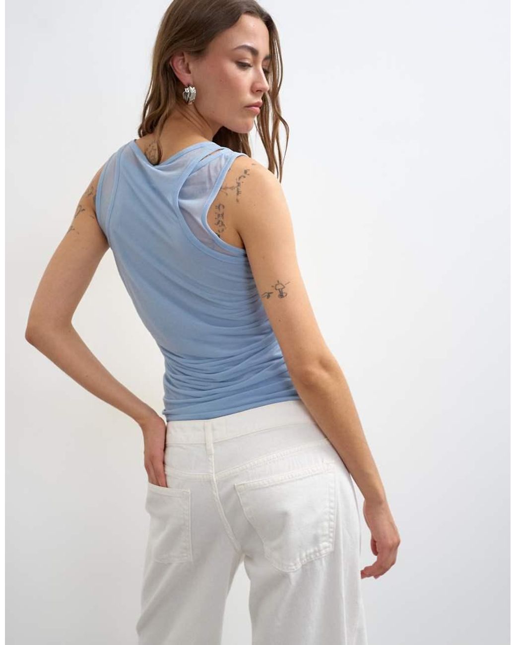TOPSHOP Blue Mesh Double Layer Ruched Top