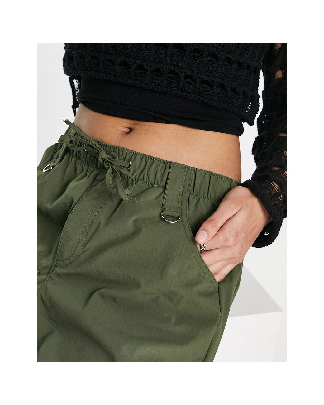 Bershka Drawstring Waist Nylon Wide Leg Cargo Pants in Green | Lyst