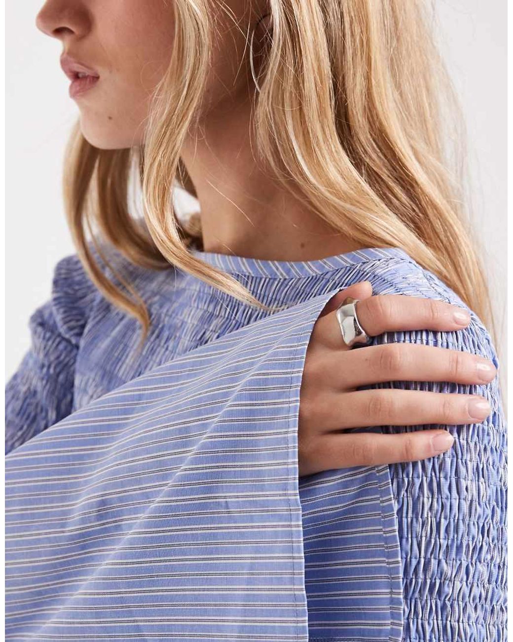 ASOS Blue Shirred Long Sleeve Blouse