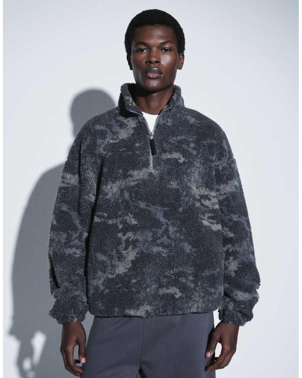 ASOS Blue Oversized Quarter Zip Borg With Camo Print for men