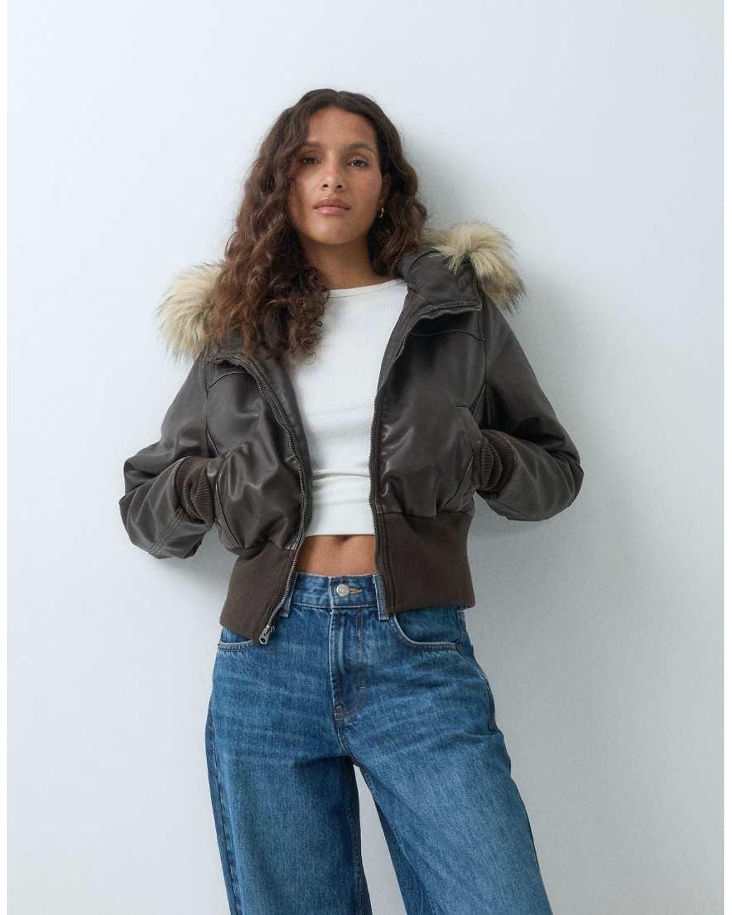 Hollister Blue Y2k Cropped Faux Leather Padded Jacket With Fur Hood