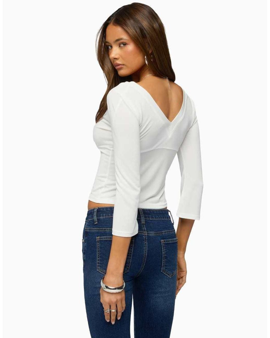 Edikted White Mar V Neck Three-Quarter Sleeve Top