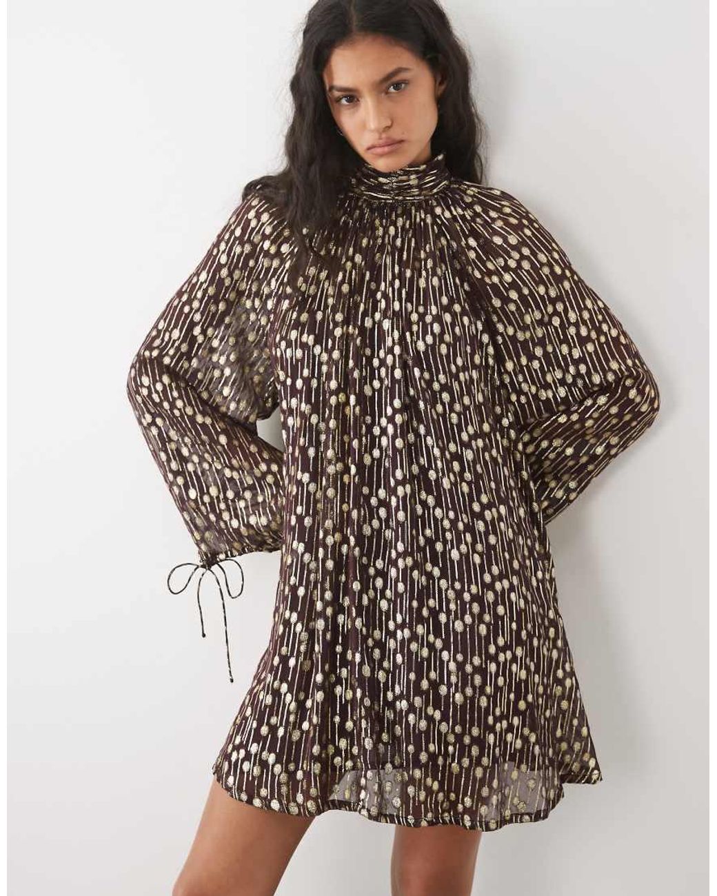 ASOS Brown High Neck Metallic Smock Mini Dress
