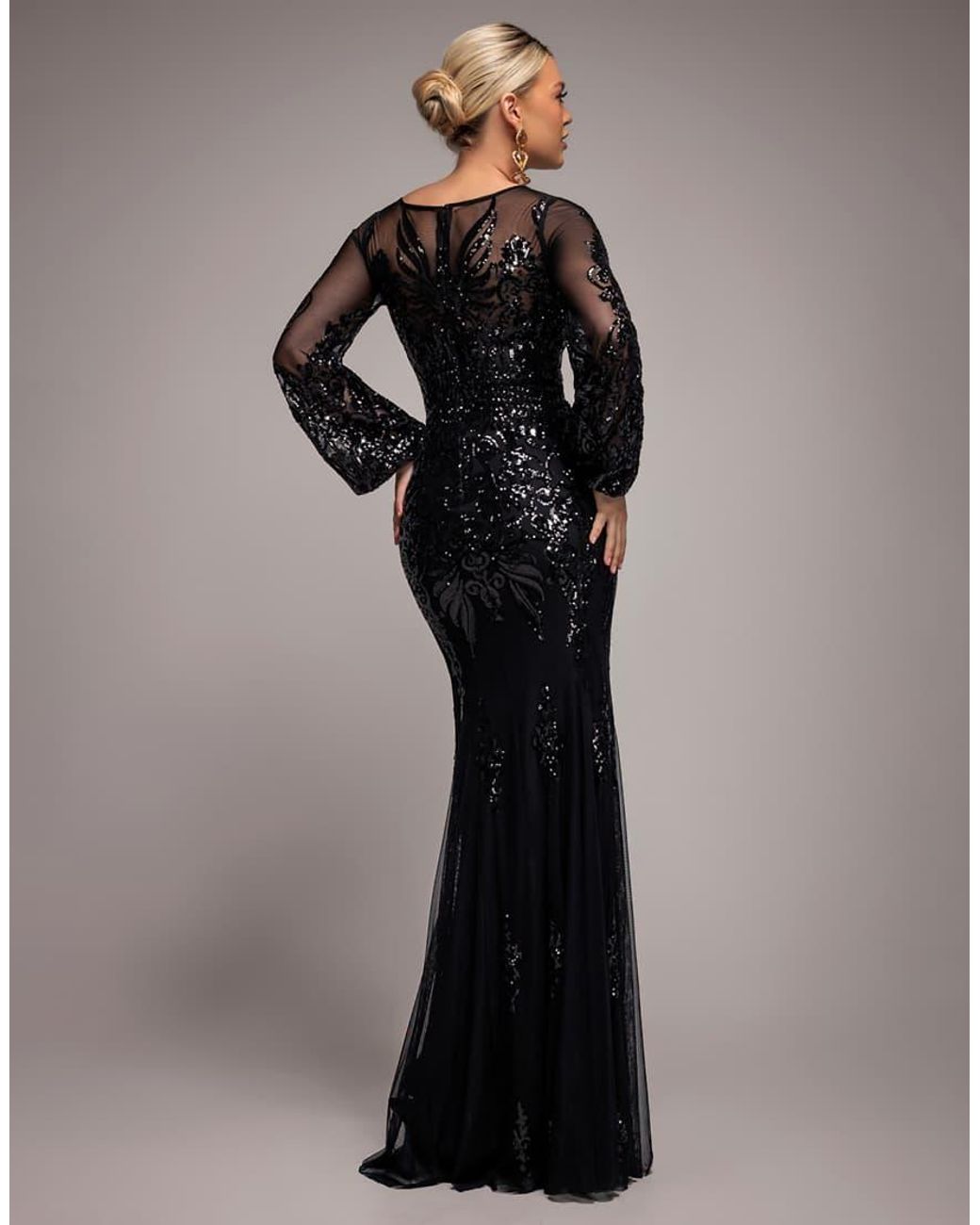 Goddiva Black Embellished Sequin Bishop Sleeve Maxi Dress
