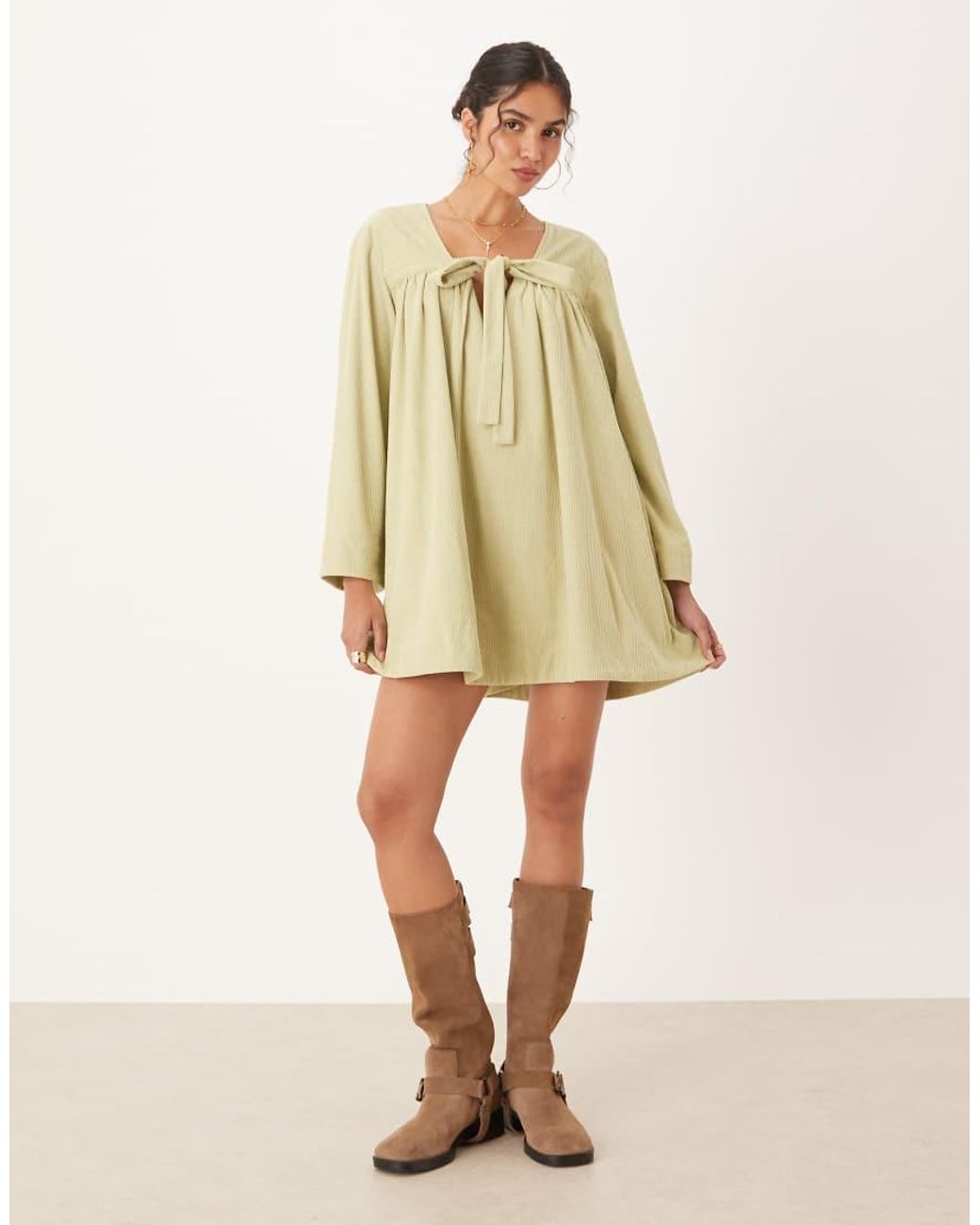 ASOS Natural Cord Tie Front Mini Smock Dress