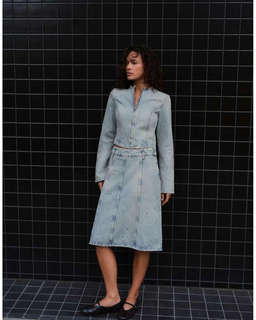 Pull&Bear White Eyelet Midi Skirt