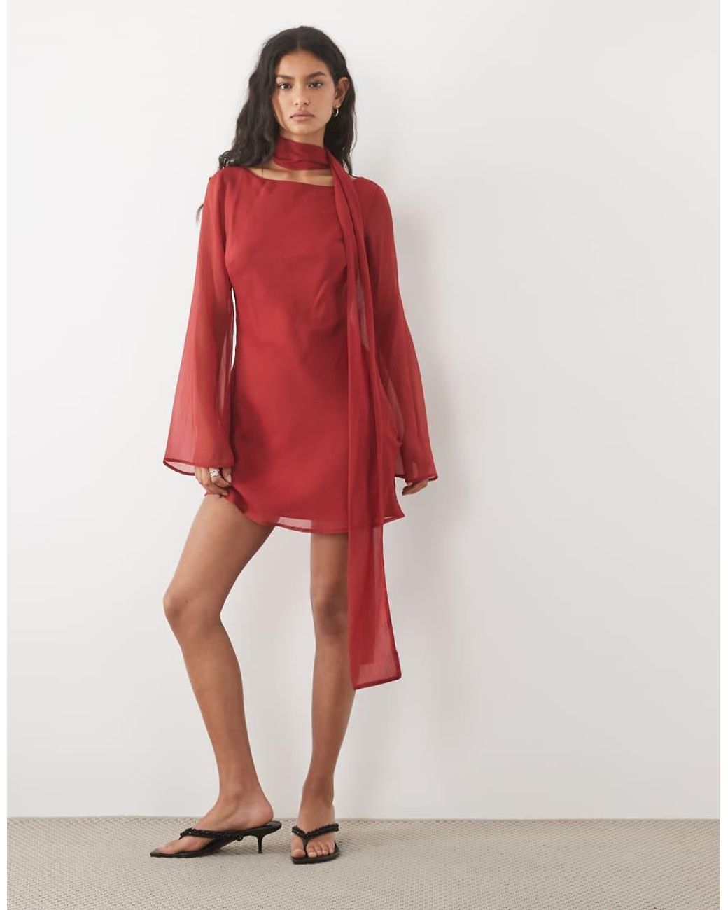 ASOS Red Chiffon Bias Cut Mini Dress With Matching Scarf