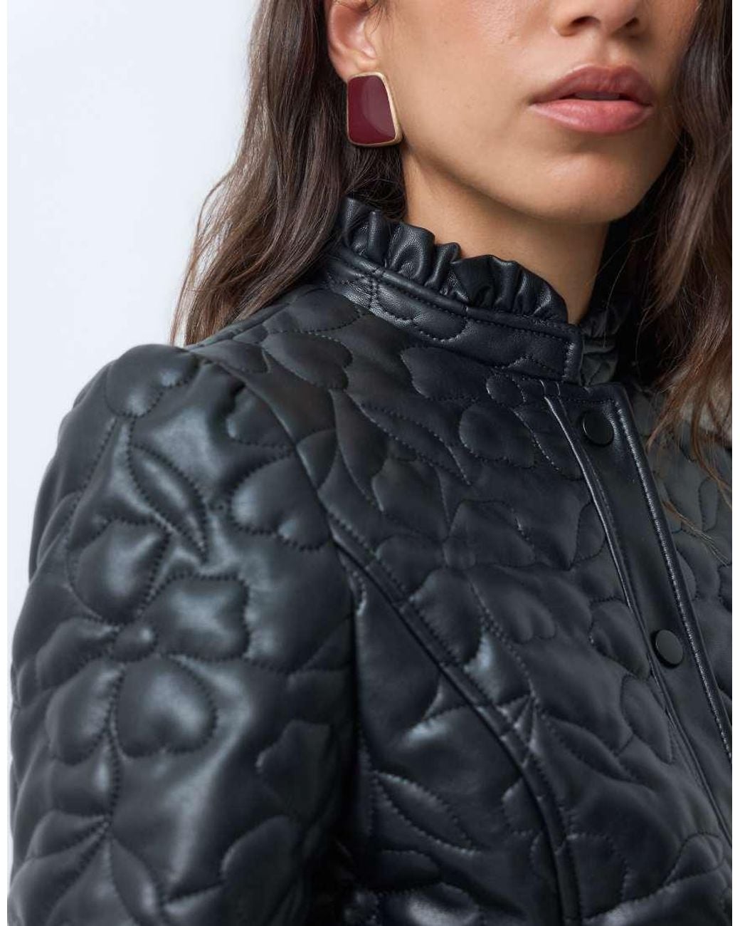 Miss Selfridge Blue Leather Look Floral Quilt Jacket With Frill Collar