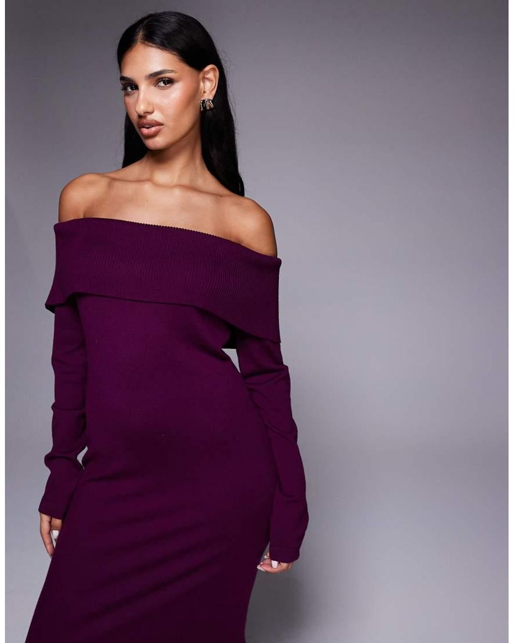 Kaiia Purple Exclusive Slouchy Off The Shoulder Foldover Knit Maxi Dress