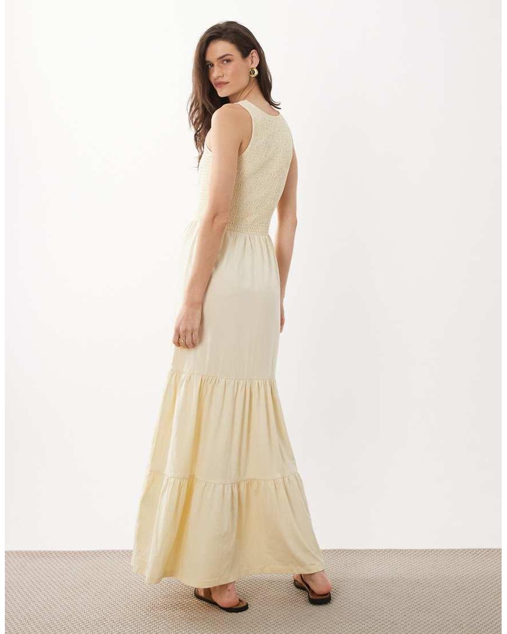 Brave Soul Natural Scoop Neck Shirred Bodice Maxi Dress With Tiered Skirt