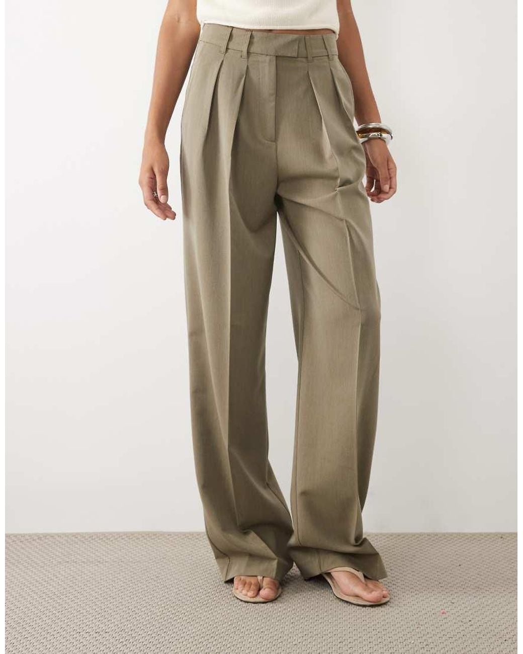 ASOS Natural Tall Tailored Wide Leg Trousers With Pleat Detail